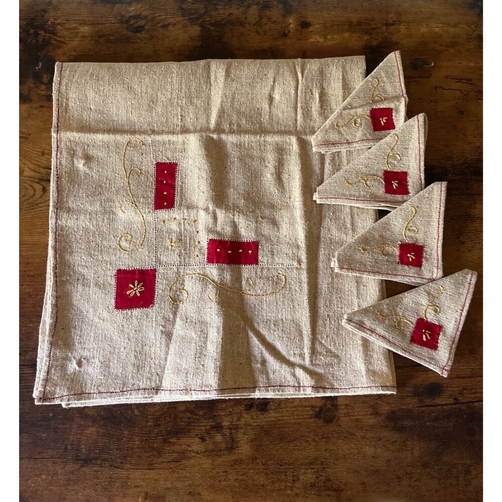 Vintage Beige Natural Sand Linen Tablecloth & Napkin Set With Red Embroidery